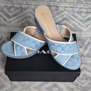 Coach Light Blue Crossband Espadrille Mule Heels